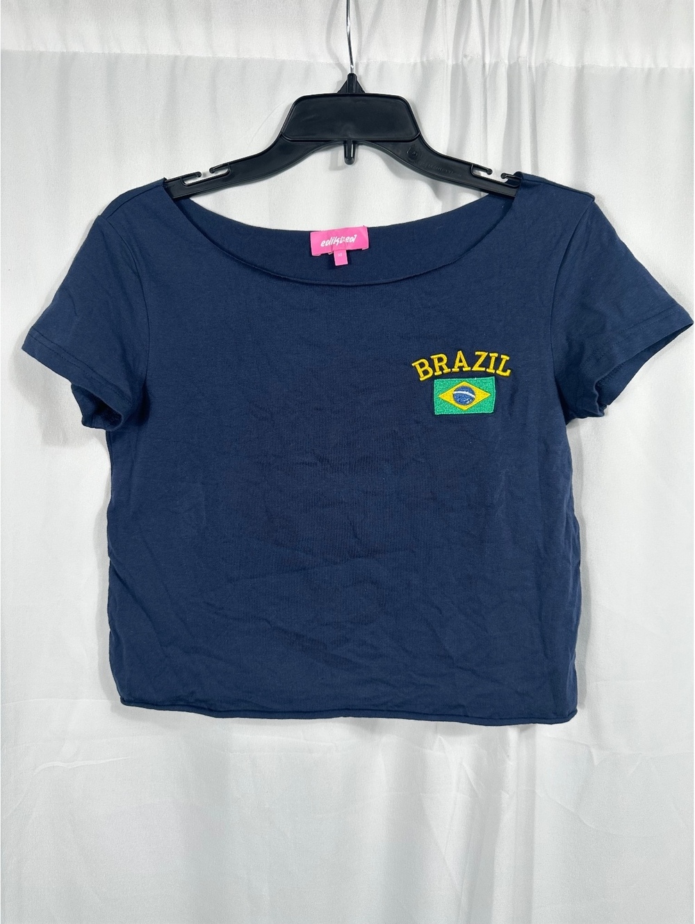 Edikted Navy Blue Brazil Flag Embroidered Crop T-Shirt XS
